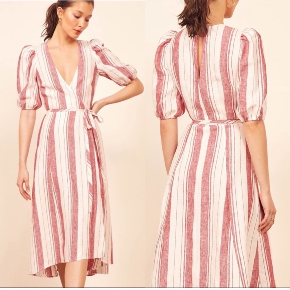 Reformation Red and White Striped Linen Dress